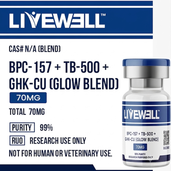Glow Blend 70mg research peptide vial — GHK-Cu, BPC-157, TB-500, 99% purity — LiveWell Peptides