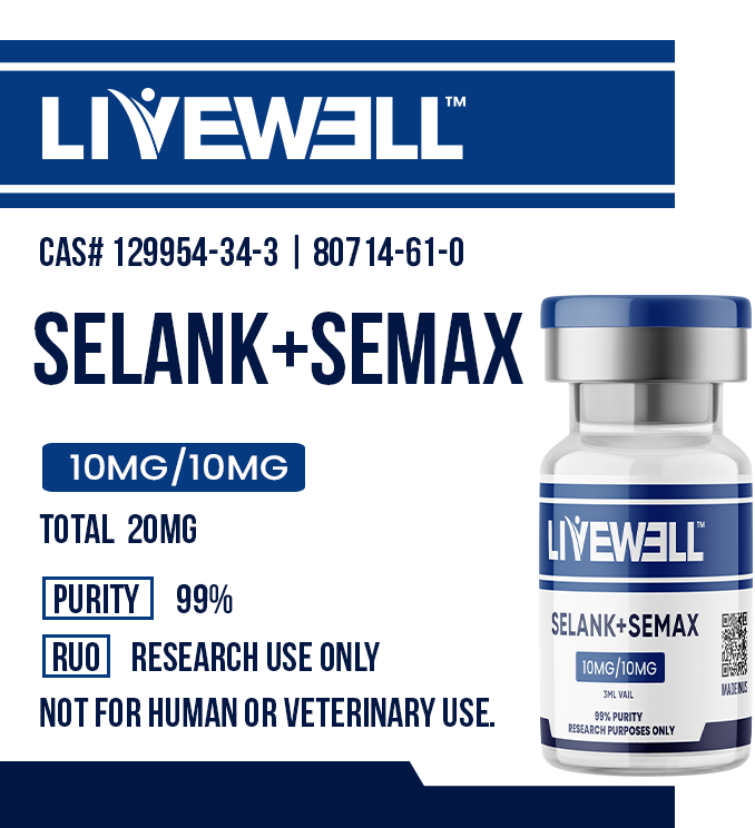 Selank + Semax Combo 10mg/10mg research peptide vial, 99% purity, research use only — LiveWell Peptides