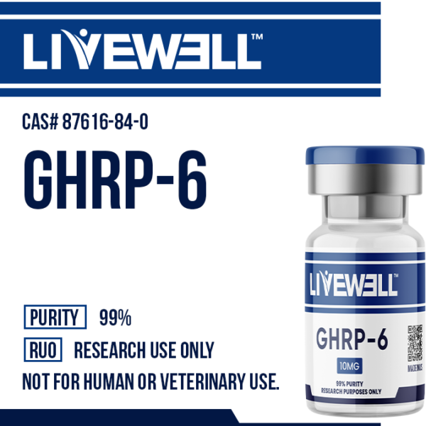 GHRP-6 10mg research peptide vial, LiveWell Peptides